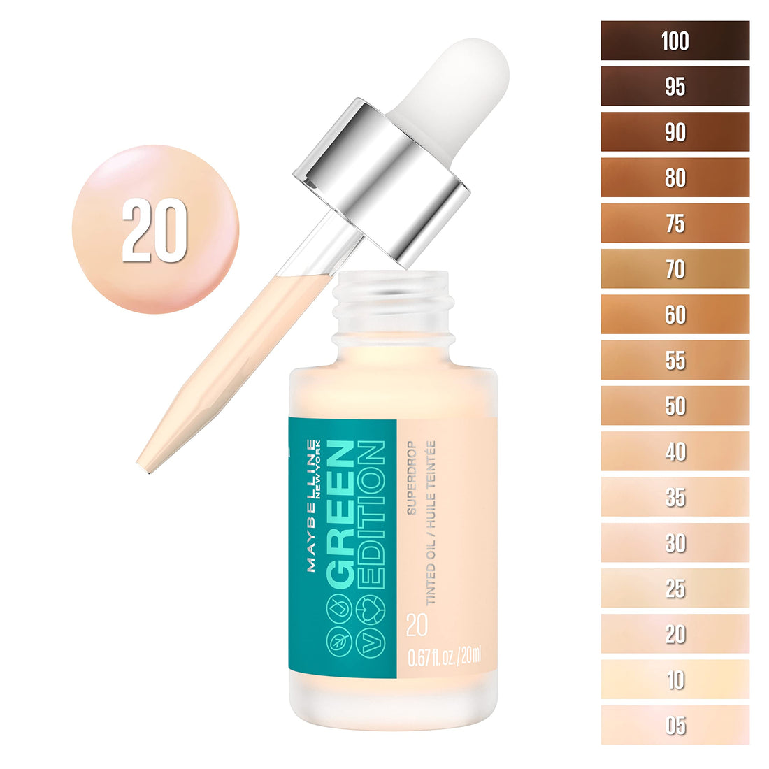 Maybelline Green Edition Superdrop Tinted Oil Base Makeup, Adjustable Natural Coverage Foundation Formulated With Jojoba & Marula Oil, 20, 1 Count