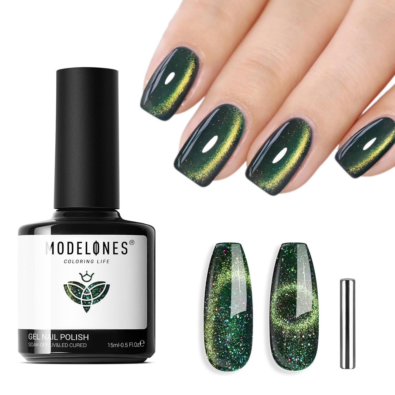 modelones Cat Eye Gel Nail Polish,15 ML Green Gel Nail Polish Sparkle Reflective Shimmer Glitter Green Polish 9D with Magnet Soak Off LED Spring Nail Art DIY Salon
