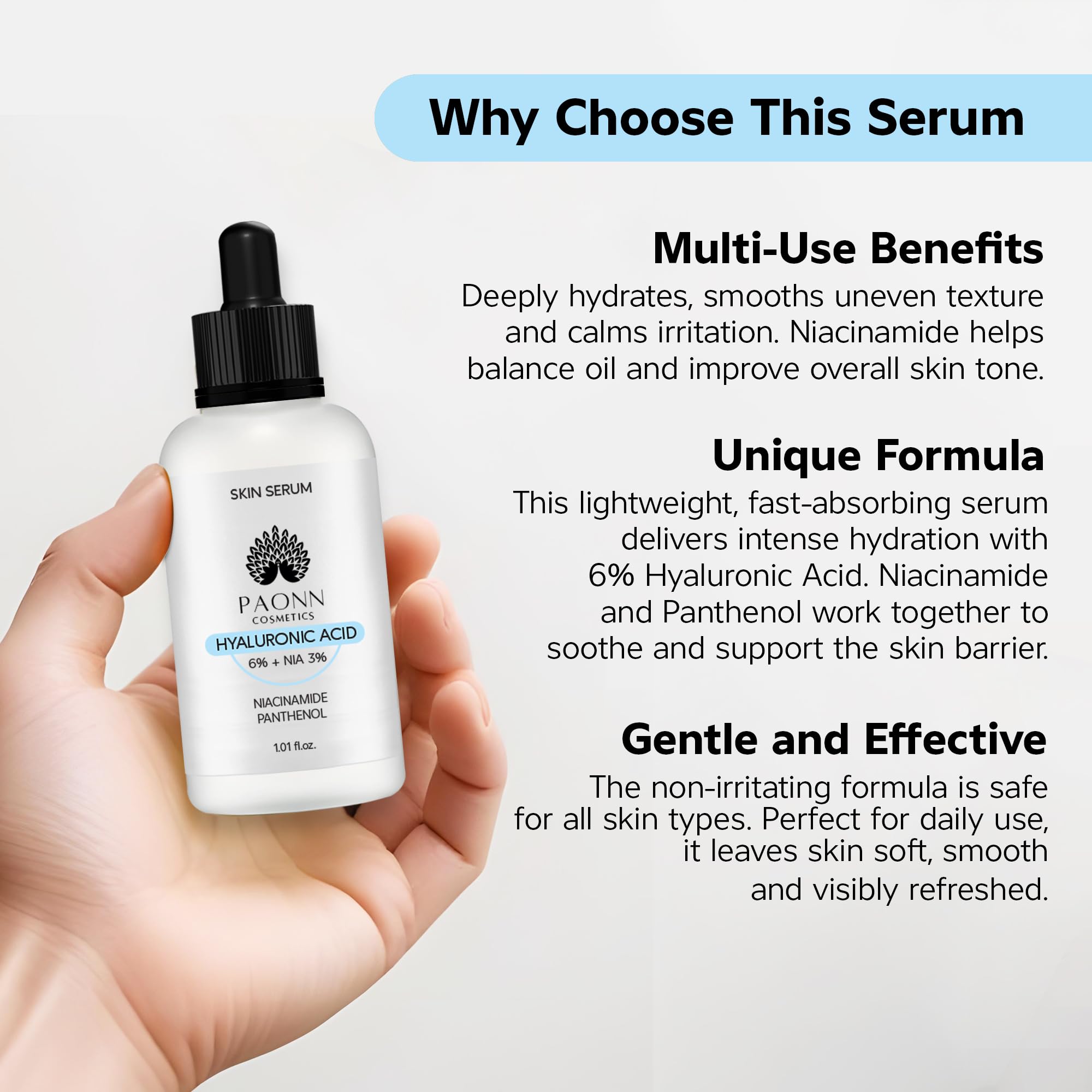 Hyaluronic Acid Serum for Face, Deep Hydration & Plumping, Lightweight, No Fragrance, Skin Smoothing, Moisture-Locking Effect