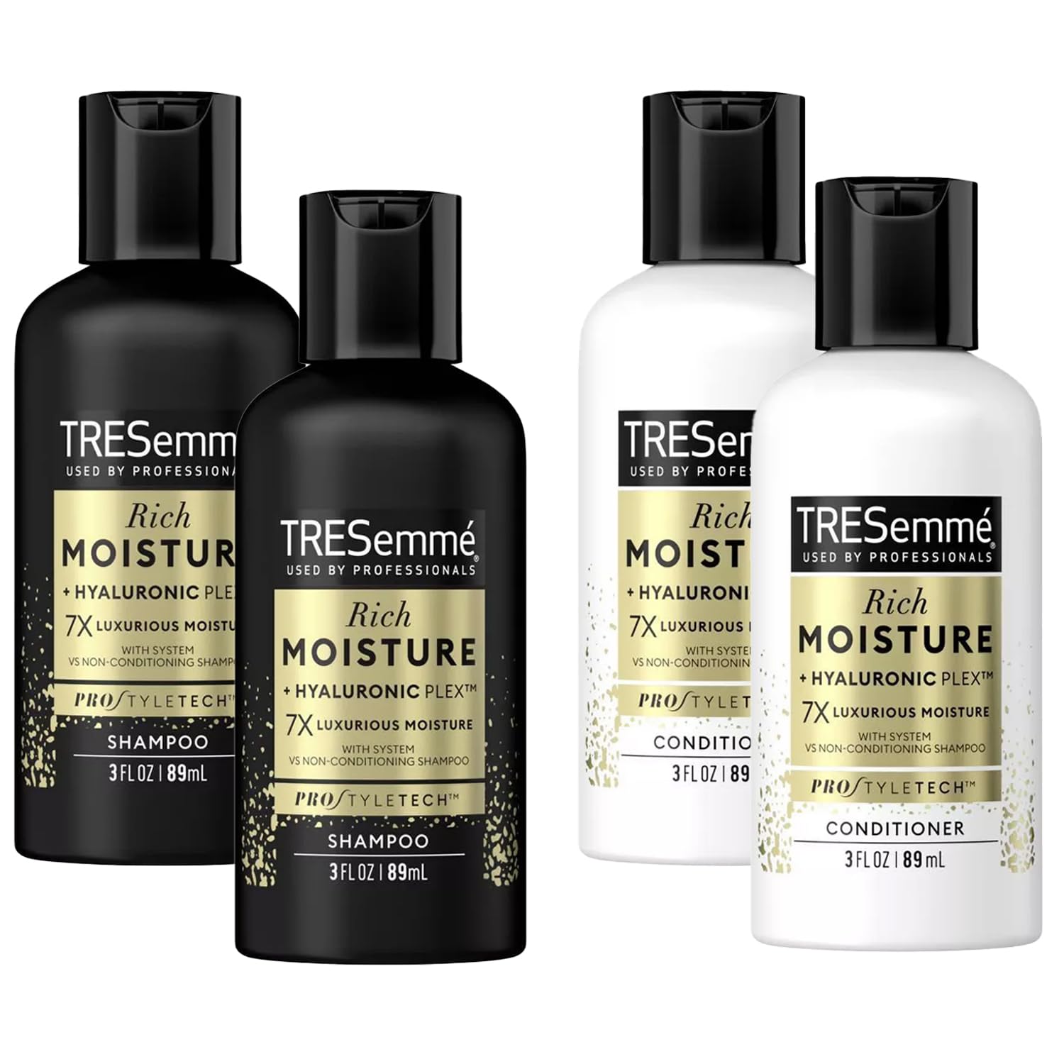 TRESemmé Rich Moisture Shampoo and Conditioner set - 2 Shampoo + 2 Conditioner Travel Size - Hair care for Dry or Dull Hair with Hyaluronic Plex 3 oz. Ea