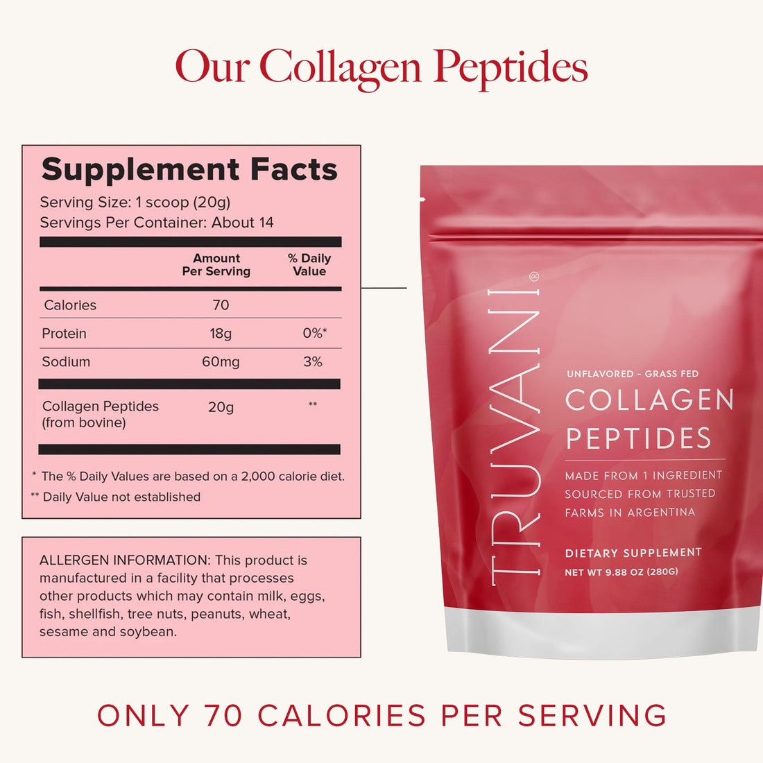 Truvani Hydrolyzed Collagen Peptides | Unflavored | 14 Servings | 20g Grass-Fed Collagen Protein Powder | Promotes Hair, Nail, Skin, and Joint Health | Keto | Dairy and Gluten Free | Women and Men