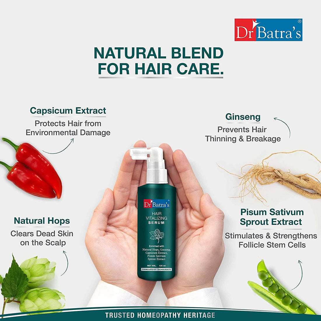 Dr Batra's Hair Vitalizing Serum, Enriched with essential vitamins, Ginseng, Capsicum, Reduces Irritability, Healthy scalp & Radiant look, Safe, Tricologists recommended (125ml)