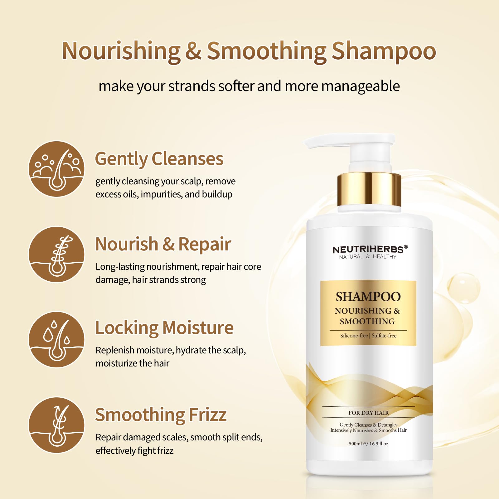 Neutriherbs Shampoo For Dry, Frizzy,Furious and Split Hair, Nourish, Smooth Hair Wash With Essential Oil - 16.9 Fl Oz