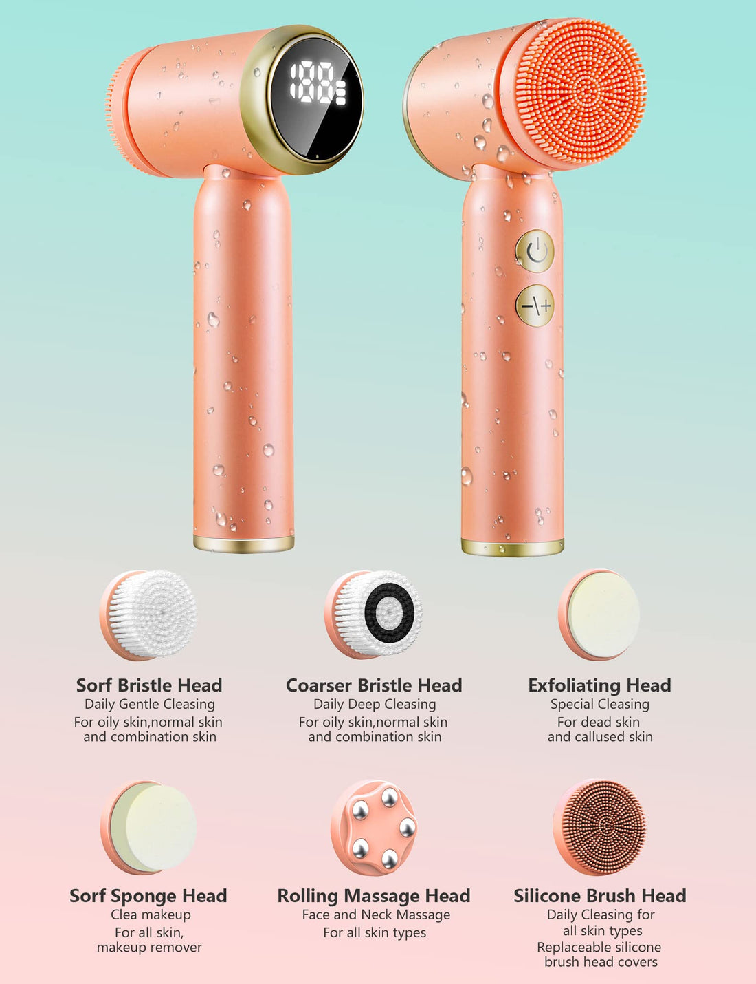 Face Brushes for Cleansing and Exfoliating ,Spin Facial Cleansing Brush with LED Display, Electric Face Cleansing Brush ,Rechargeable Facial Cleansing Brush with 6 Facial Spin Brush Heads BSROLUNA