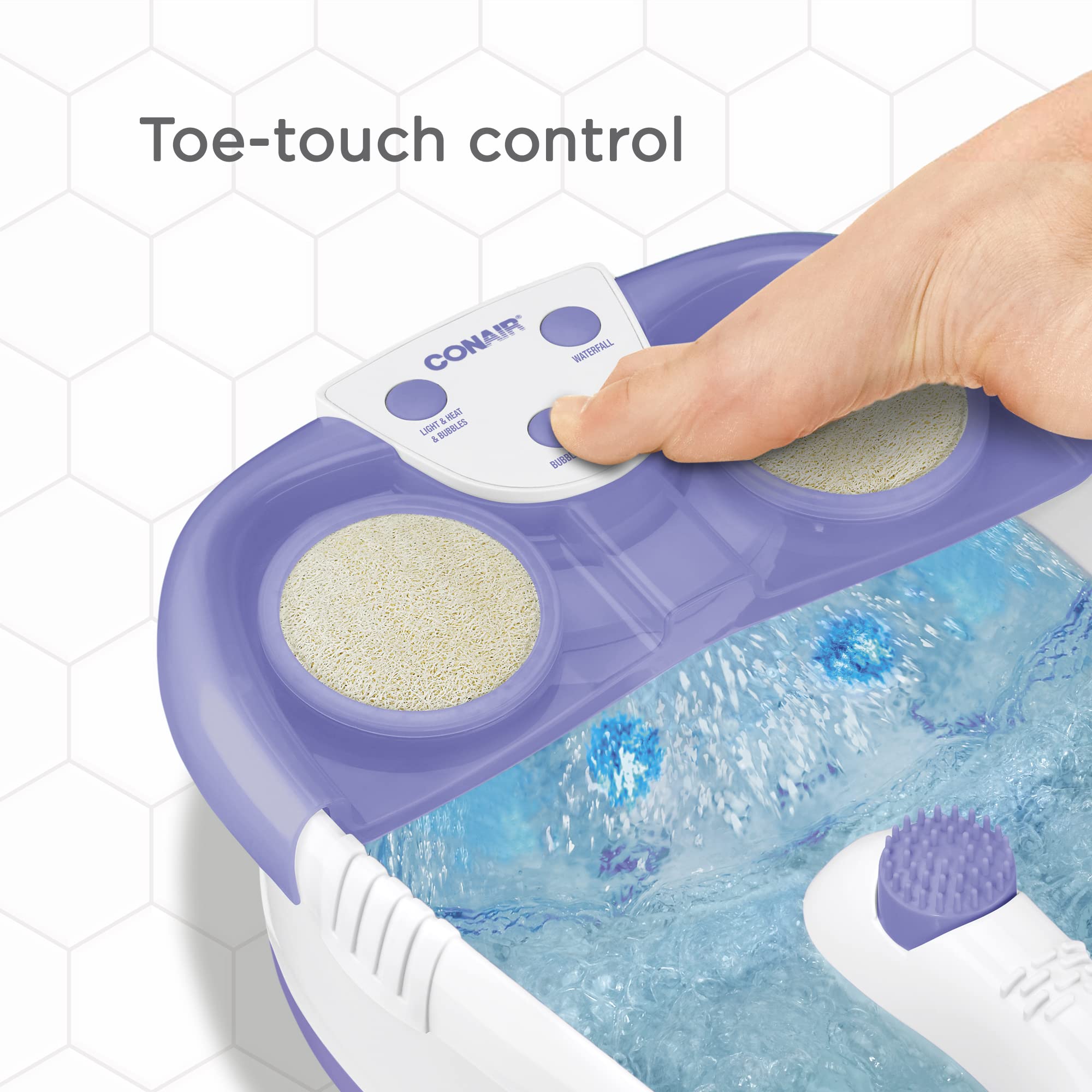 Conair Waterfall Pedicure Foot Spa Bath with Blue LED Lights, Massaging Bubbles and Massage Rollers, Purple/White