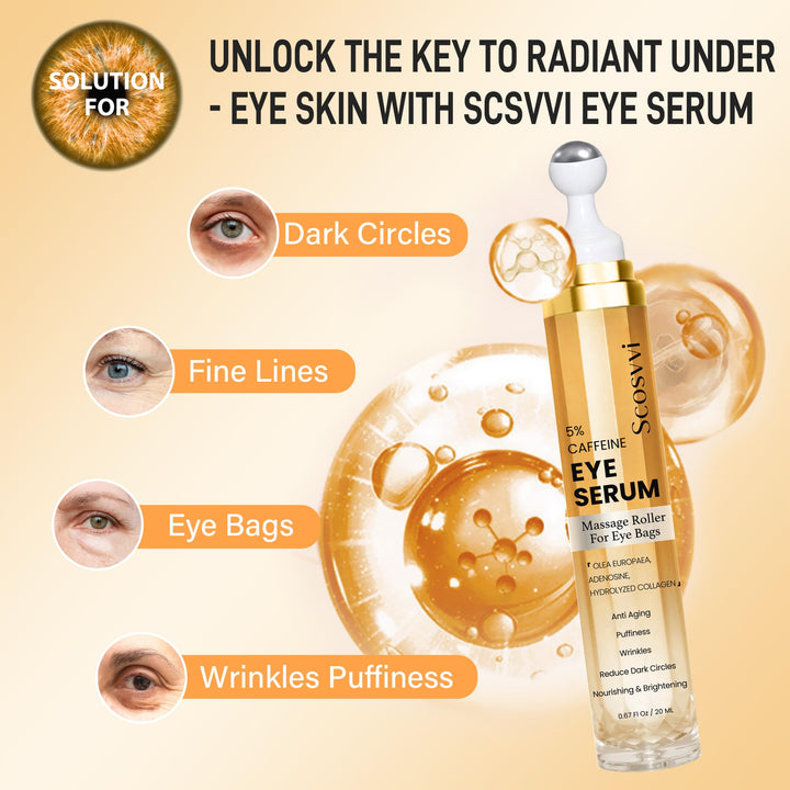 Caffeine Eye Serum For Dark Circles, Eye Cream For Anti Aging, Puffiness & Fine Lines With Ice Roller for Puffy Eyes & Under Eye Bags, Eye Skin Care For Women & Men