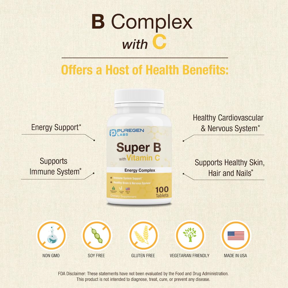 Puregen Labs Super B Energy Complex with Vitamin C - Immune Health, Energy & Nervous System Support - Non-GMO, Gluten-Free 100 Vegetarian Tablets