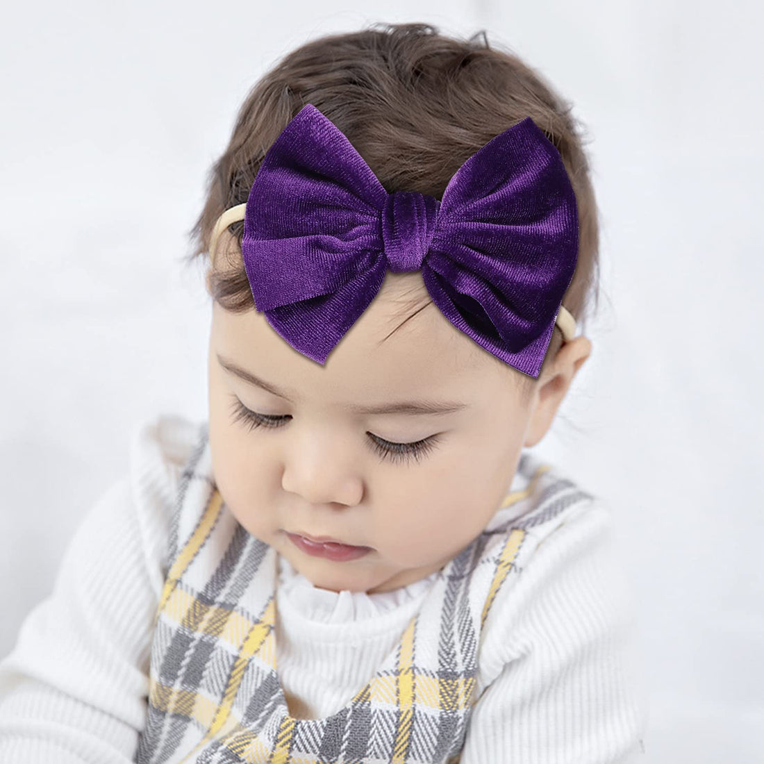 Cinaci 16 Pack Super Stretchy Thin Slim Nylon Headbands with Big Velvet Solid Knot Bow Hair Bands Accessories for Baby Girls Newborns Infants Toddlers Kids