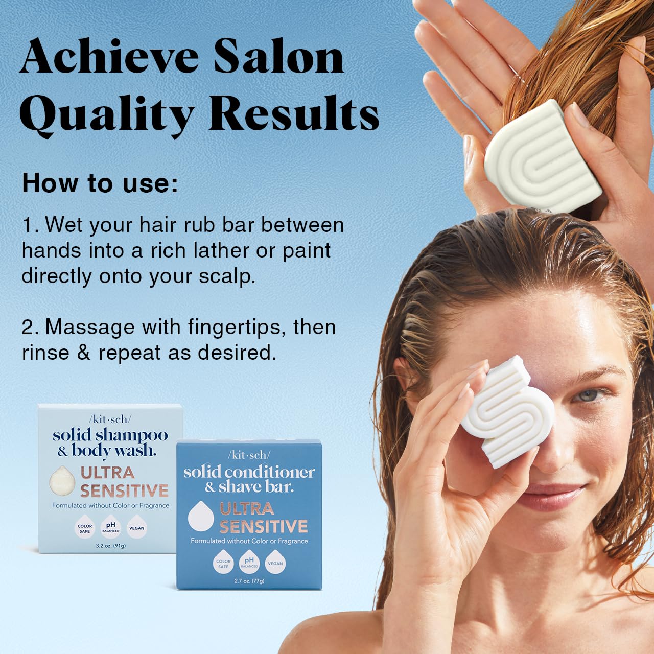 Kitsch 2-in-1 Ultra Sensitive Shampoo & Body Wash for Sensitive Scalp & Skin & 2-in-1 Conditioner & Shave Bar for Hair & Body, Made in US, Vegan Soap Bar, Scent Free & Paraben Free