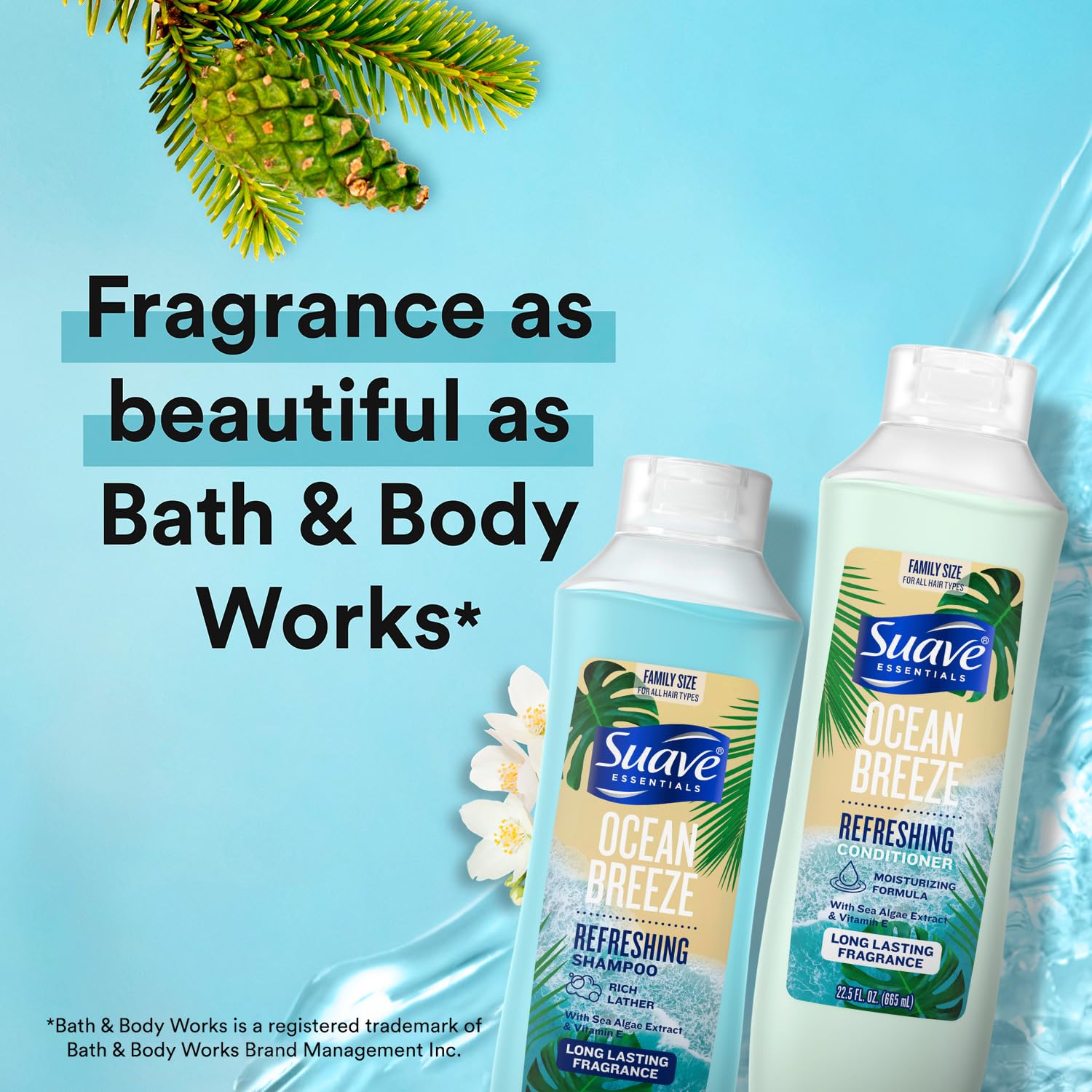 Suave Shampoo & Conditioner Set, Ocean Breeze – Everyday Refreshing Formulas with Sea Algae Extract & Vitamin E, 22.5 Oz Ea (2 Piece Set)
