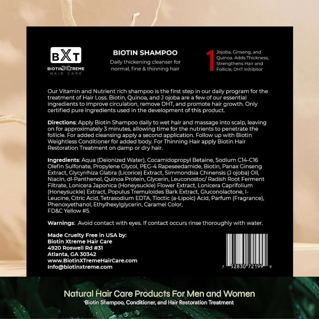 Biotin X Treme Hair Natural Shampoo for Hair Loss & Thinning Hair - Color-Safe, DHT Blocker, Sulfate-Free, Paraben-Free - For Men & Women - Promotes Hair Growth, Strengthens, and Thickens - 8 oz