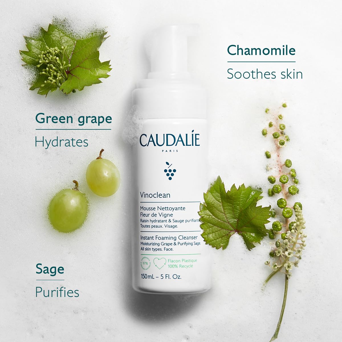 Caudalie Vinoclean Gentle Foaming Cleanser Travel Size, Instant Foaming Cleanser, 50 mL