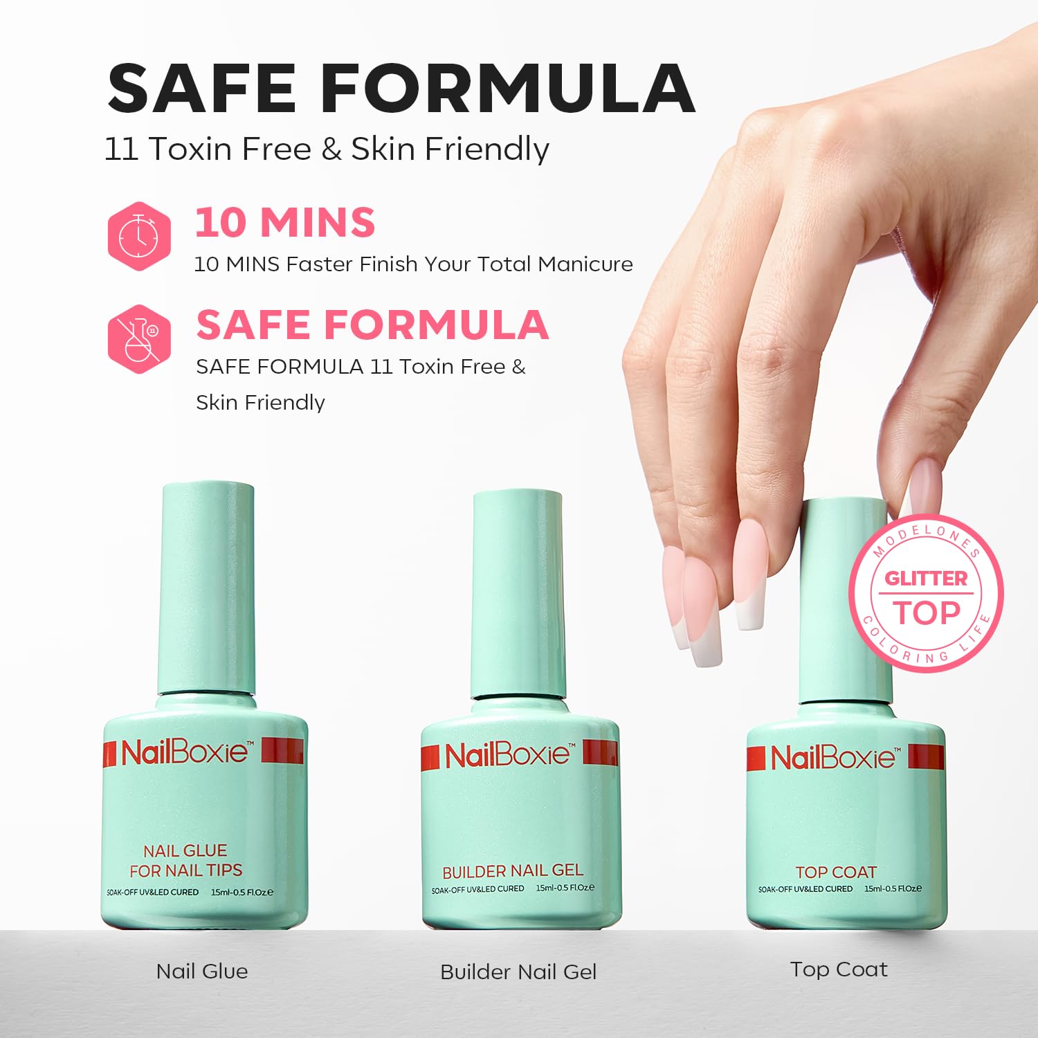 Modelones Press On Nails Kit with Top Coat Nail Glue for Nail Tips Builder Nail Gel 160 PCS Short Brown Square French Tip Press on Nails with LED Light for Easy DIY Nail Art