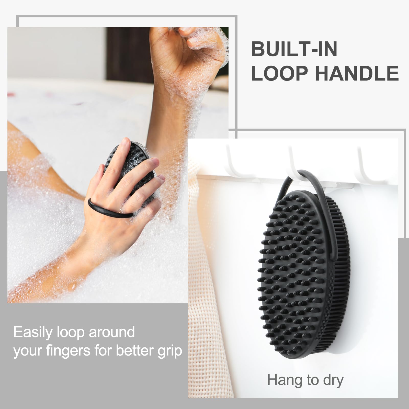 FREATECH Silicone Body Scrubber with Loop Handle, Gentle Exfoliating Body Cleansing Brush for Use in The Shower or Bath, More Hygienic Than Loofah, Easy to Clean, Long-Lasting, Black
