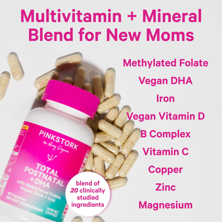 Pink Stork Total Postnatal Vitamins for Women with Vegan DHA, Iron, Folate, and Vitamin B12, Postpartum Recovery Essentials, Daily Supplement for Breastfeeding Moms - 1 Month Supply