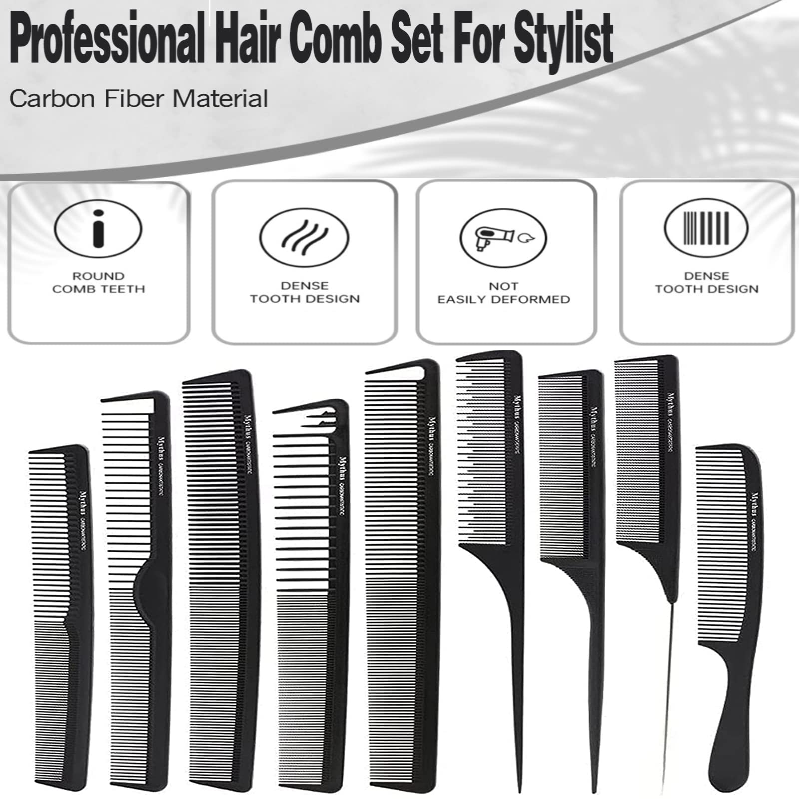Mythus 9 Piece Black Hairdressing Carbon Comb Kit For Haircut Anti Static