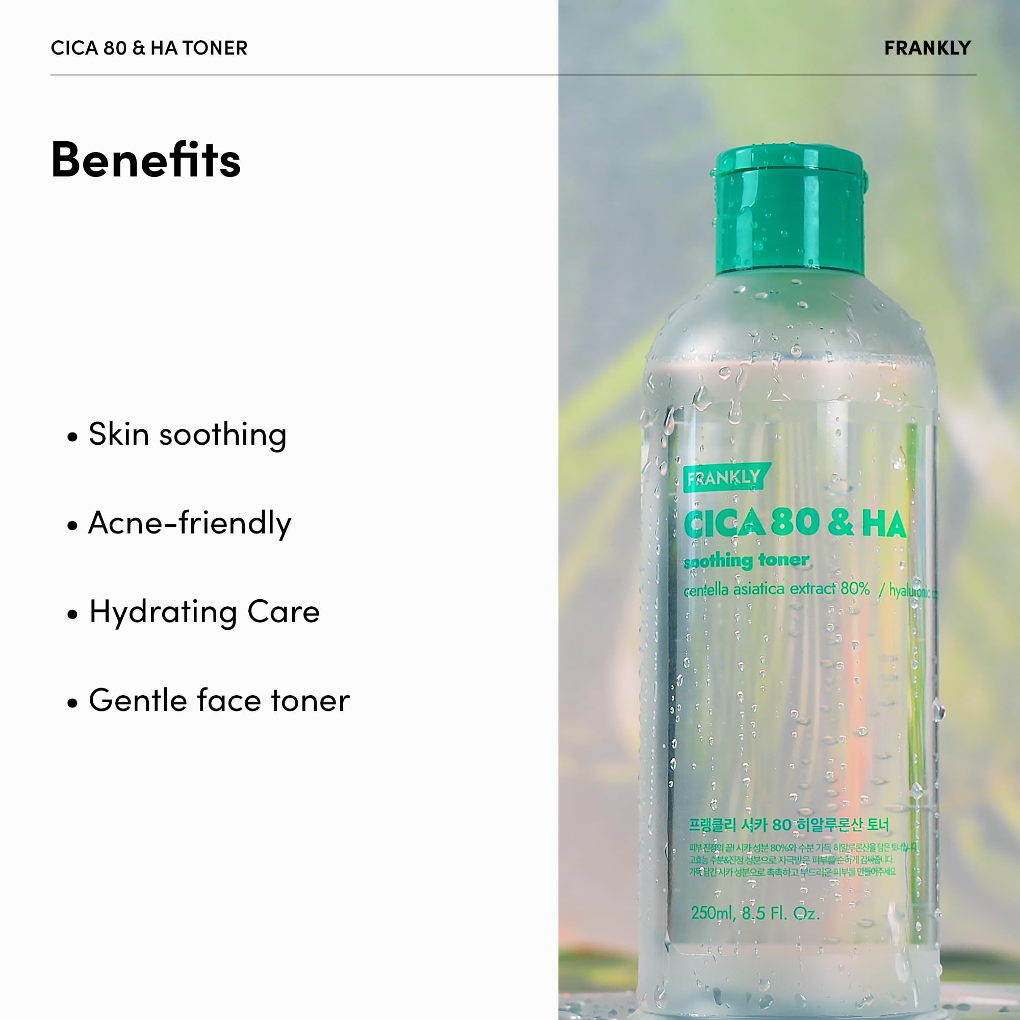 FRANKLY CICA 80 & Hyaluronic Acid Toner - Soothe, Hydrate & Balance | 80% Centella Asiatica & Hyaluronic Complex (7 Types) | Korean Skin Care | 8.8 fl.oz.