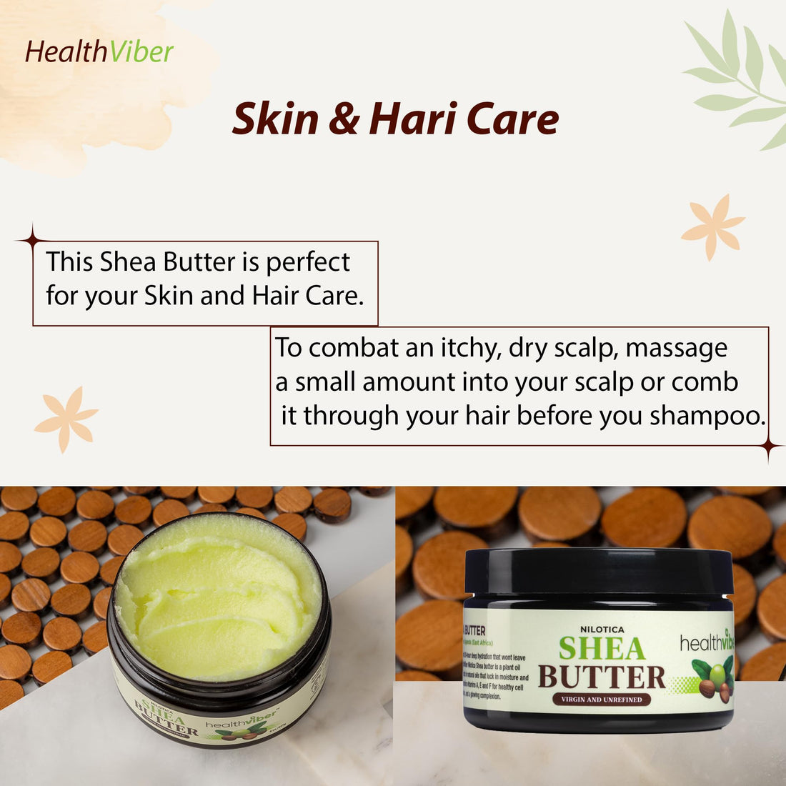 HEALTHVIBER Organic Shea Butter 4oz - Raw Shea Butter for Face, Body & Hair, Pure African Moisturizer, Anti-Aging, Paraben-Free & Fragrance-Free Skincare Solution