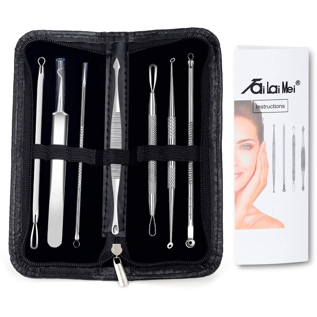 7-Piece Blackhead Remover Kit - Comedone Extractor Tool set for Facial Acne and Treatment for Blemish, Whitehead Popping, Zit Removing for Risk Free Nose Face Skin with Metal Case by TailaiMei