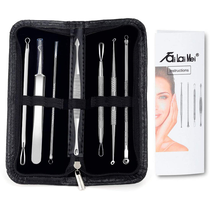 7-Piece Blackhead Remover Kit - Comedone Extractor Tool set for Facial Acne and Treatment for Blemish, Whitehead Popping, Zit Removing for Risk Free Nose Face Skin with Metal Case by TailaiMei