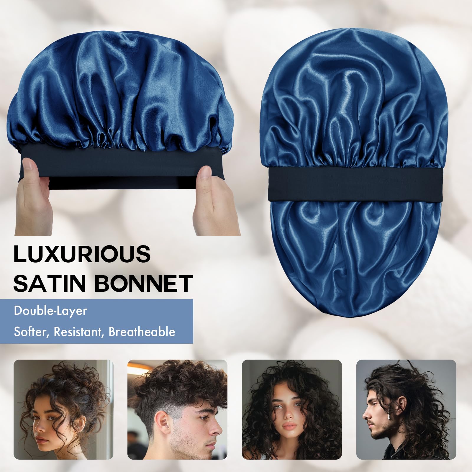 Doitory Satin Silk Bonnet for Sleeping, Double Layer Silk Sleep Cap for Men & Women, Soft Satin Lined Bonnet for Natural & Curly Hair(Navy Blue)