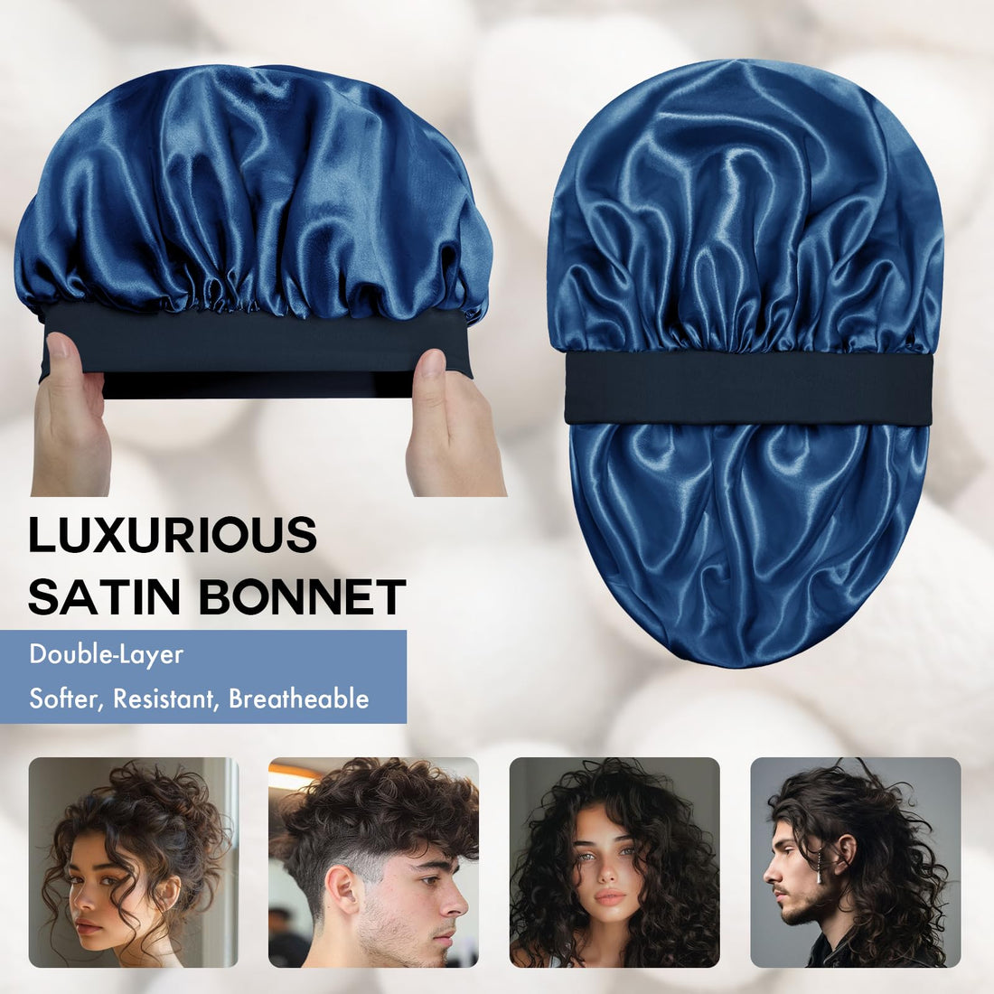 Doitory Satin Silk Bonnet for Sleeping, Double Layer Silk Sleep Cap for Men & Women, Soft Satin Lined Bonnet for Natural & Curly Hair(Navy Blue)