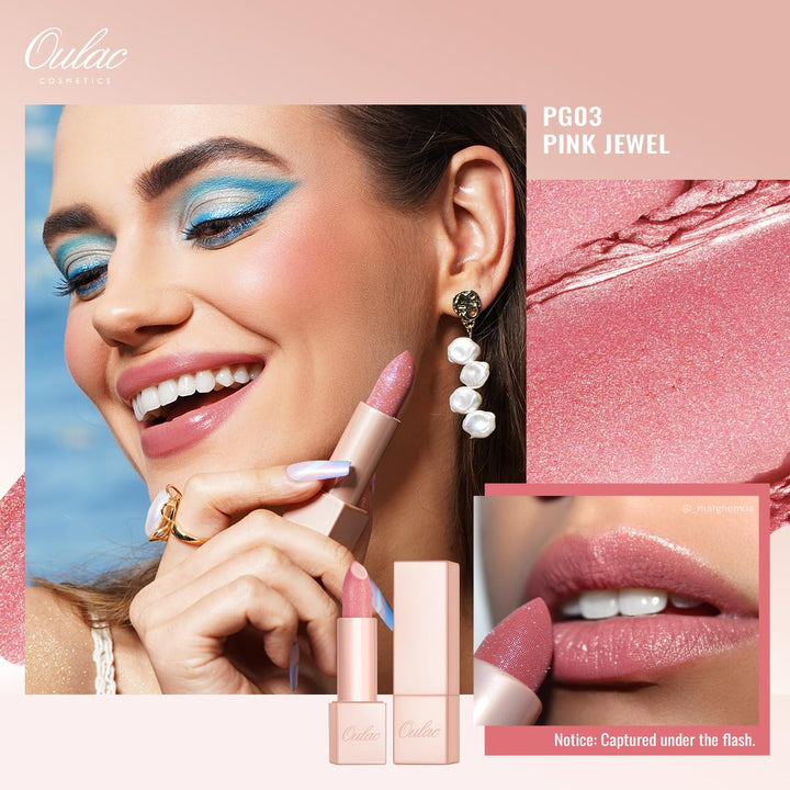 Oulac Moisturizing Pink Lipstick for Women - Tinted Lip Balm with Shimmmer, Lightweight Lip Makeup, Nourishing & Hydrating Formula, Vegan & Gluten Free, PG03 Pink Jewel