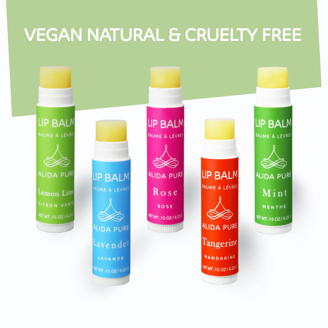 PURE + SIMPLE ARIA LIP BALM COLLECTION, VEGAN, SET OF 5 TUBES KEY LIME, LAVENDER, ROSE, PEPPERMINT, TUSCAN ORANGE, AVOCADO OIL, JOJOBA OIL, SOOTHES AND HEALS.