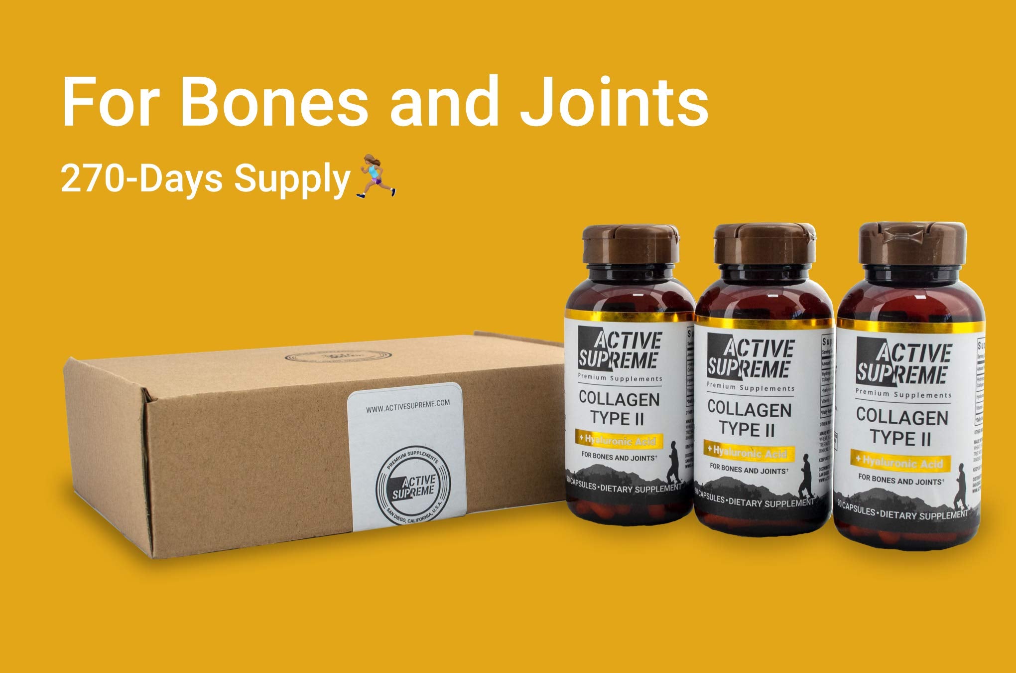 Active Supreme 3 Pack Collagen Pills Type 2 for Joint and Cartilage Support - Grass Fed Beef Collagen Hydrolyzed Type 2 Capsules with Vitamin C and Hyaluronic Acid