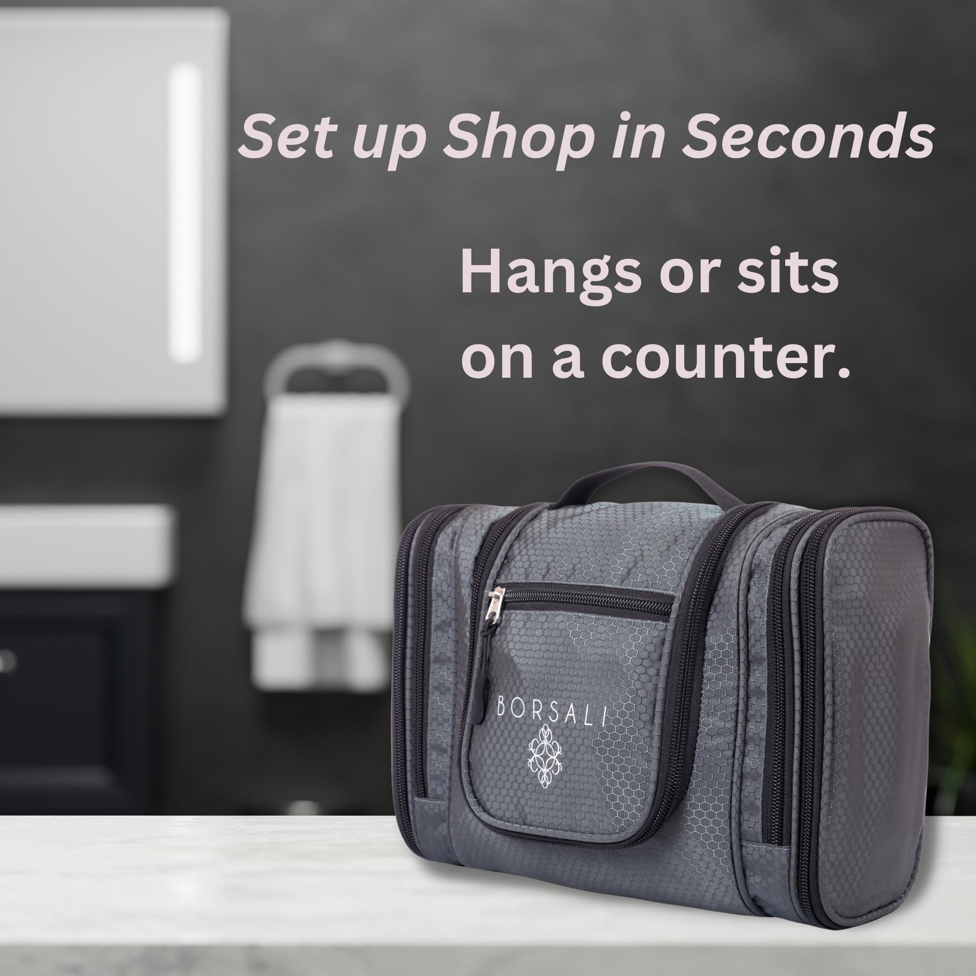 BORSALI Hanging Toiletry Bag for Women with Mirror - Medium Travel Bag for Toiletries & Travel Essentials - Compact Yet Roomy - 22 Compartments & Mesh Back Pocket - Sturdy Swivel Hook