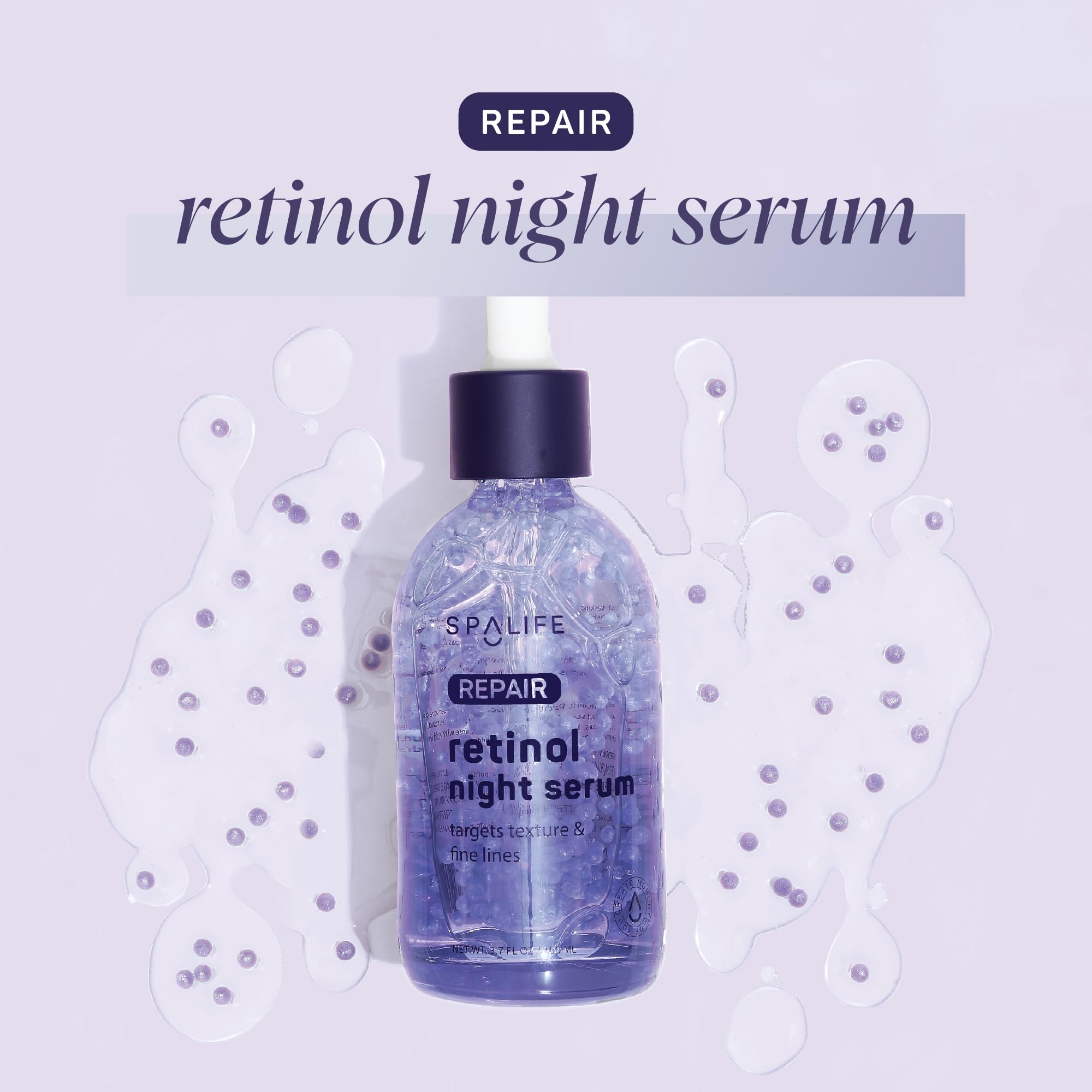 Spa Life Face Serum: REPAIR Retinol Night Serum 100 ml (3.7 oz) Smoothing, Resurfacing, Gently Exfoliating - Targets Fine Lines, Texture, Dark Spots - Boosts Cellular Turnover & Clearer Skin