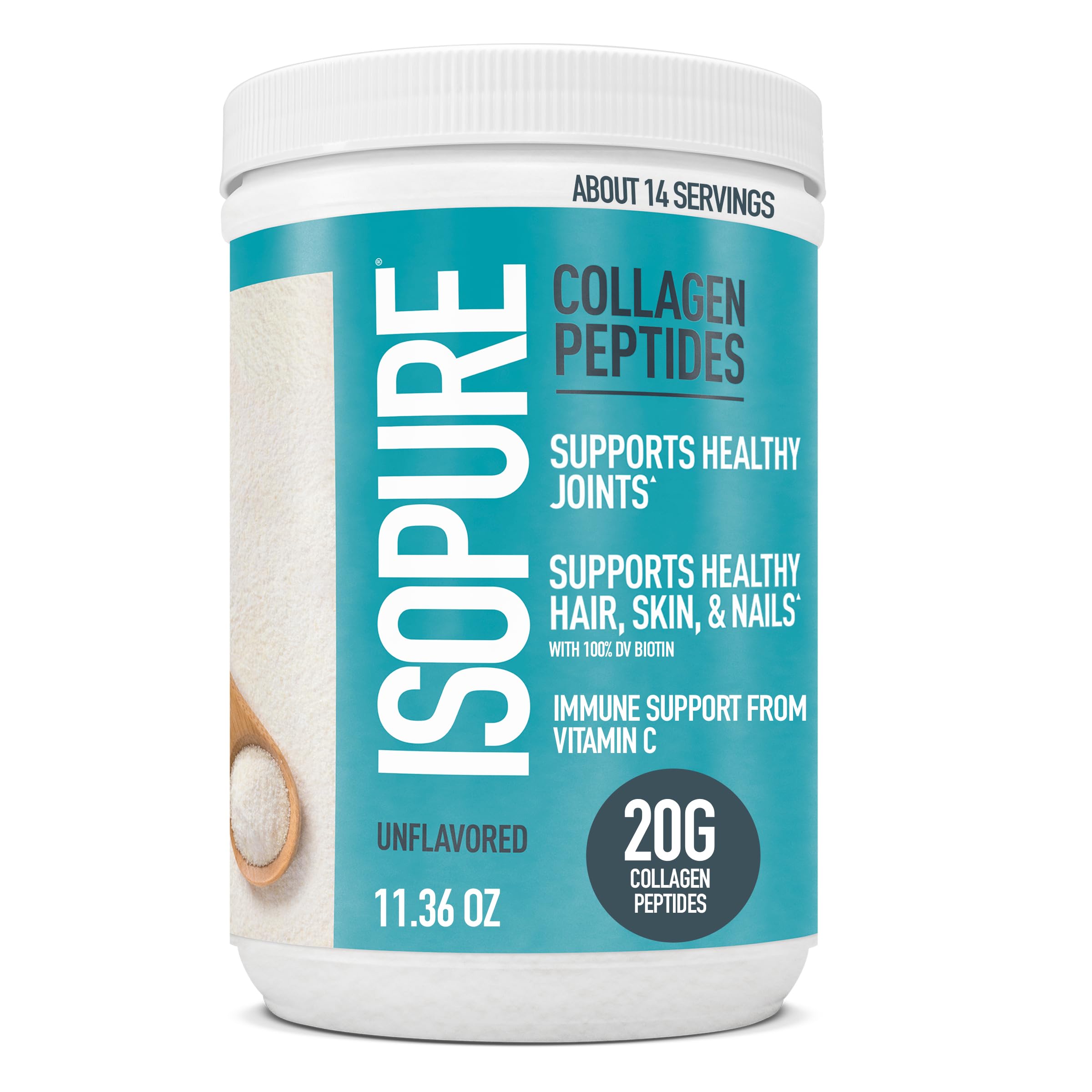 Isopure Collagen Peptides Powder, Lactose Free, Gluten Free, with Vitamin C, Unflavored, 20g Collagen Peptides Per Serving, 11.36 Oz, 14 Servings