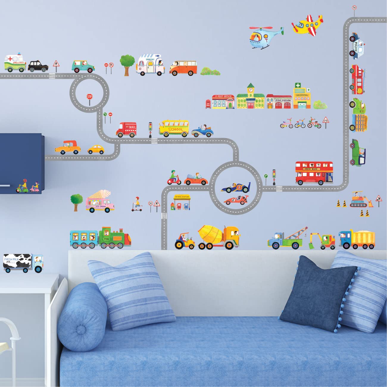DECOWALL SG3-1404P1405 The Road and Cars Kids Wall Stickers Wall Decals Peel and Stick Removable Wall Stickers for Kids Nursery Bedroom Living Room (Medium) décor
