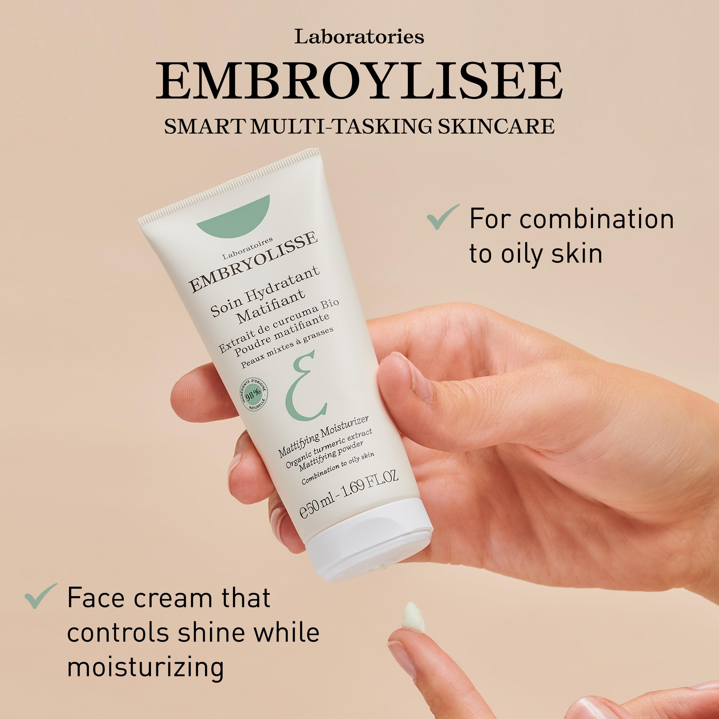 Embryolisse Mattifying Moisturizer, Oil-Control Face Cream with Organic Turmeric Extract. Lightweight Hydration, Non-Comedogenic for Oily & Combination Skin, 1.69 fl oz