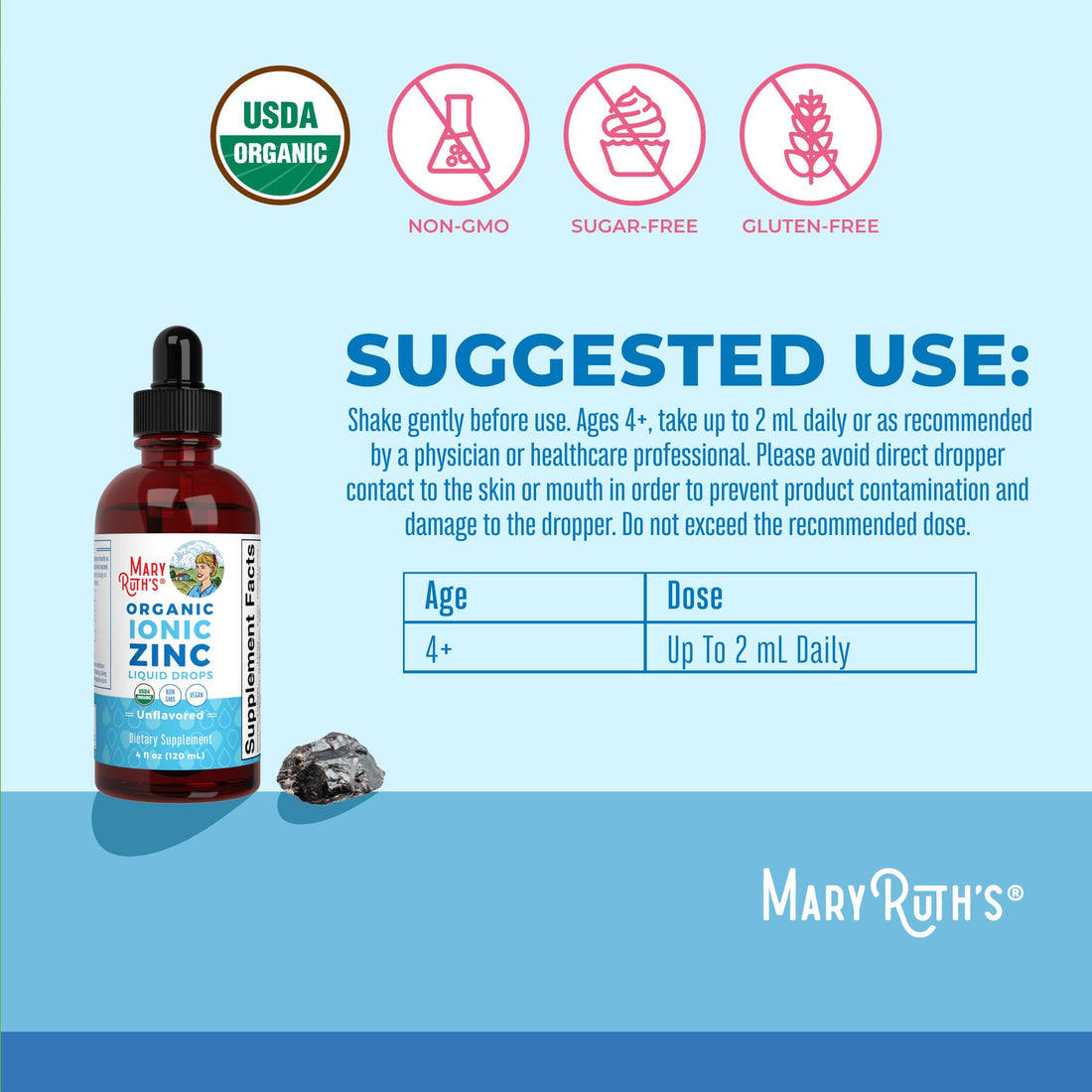 MaryRuth Organics Zinc Supplement for Immune Support, Immune Support Supplement for Kids, Ages 4-13, Zinc Sulfate, Vegan, USDA Organic, Glycerin Based, 2 Fl Oz