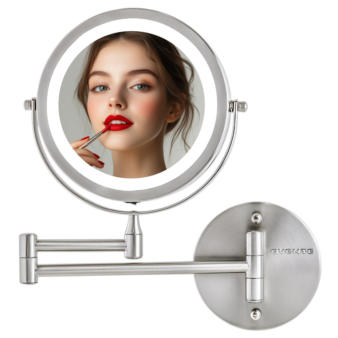 OVENTE 7 Lighted Wall Mount Makeup Mirror with 1X/10X Magnification, Cordless Double Sided Magnifying Round Vanity Mirror, 360° Swivel Design, Extendable and Folding Arm, Nickel Brushed MFW70BR1X10X