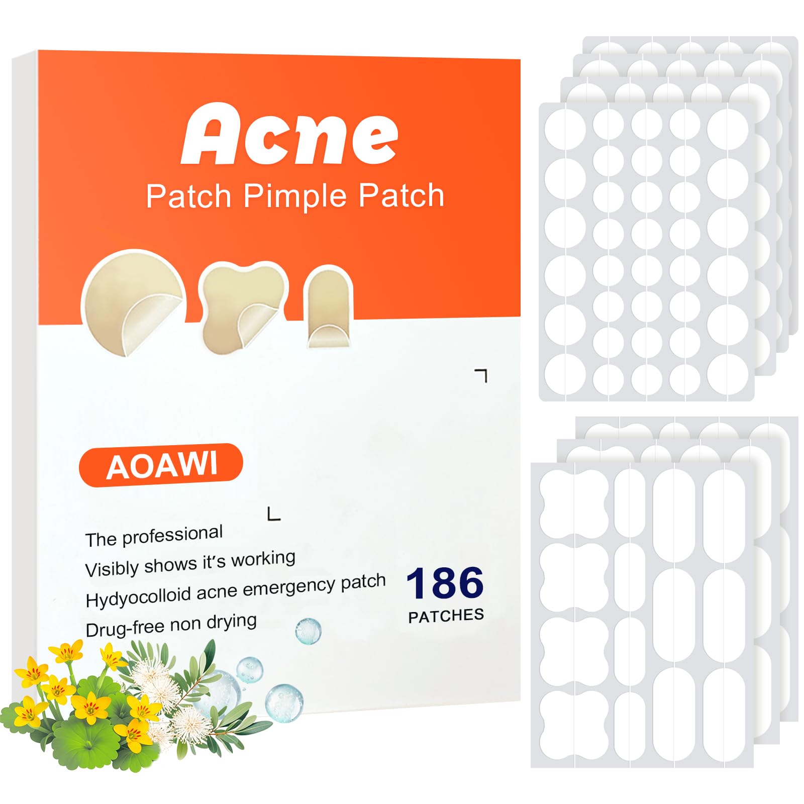 AOAWI Acne hydrocolloid Patches, 5 sizes and 4 shapes with 186pcs, The innovative size L suitable face, body, nose, Pimple, Acne blemishes, with Salicylic Acid, Tea Tree Oil,Centella Asiatica