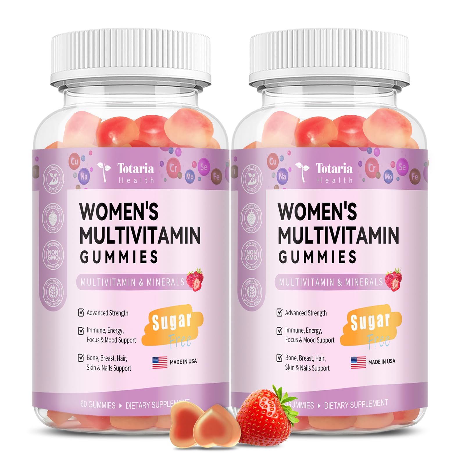 Totaria Sugar Free Multivitamin Gummies for Women 14+ w/Inositol, Iron, Folate, Biotin, Womens Daily Multivitamin Gummy w/Vitamin A, D, C, B, Support Hair, Skin, Energy, Immune, Strawberry Flavor