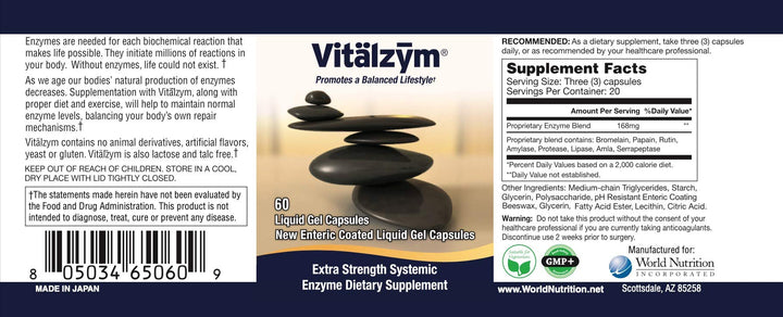 VITÄLZYM Proteolytic Systemic Enzymes Liquid Gel Capsules with Serrapeptase, Immune and Joint Support, Natural Ache Relief Plus Fertility Supplement (60 Capsules)