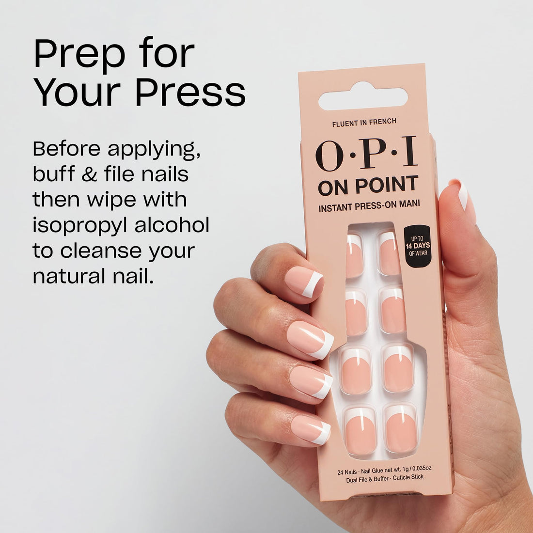 OPI On Point Fluent in French | Short Round Nude Pink & White French Tip Press On Nails | With Nail Glue | Long Lasting, Reusable, Non-damaging