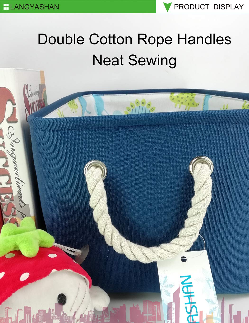 LANGYASHAN Rectangular Storage Bin Collapse Canvas Fabric Cartoon Storage Basket with Handles for Organizing Home Kitchen Boys and Girls Toys Office Closet Shelf Baskets (Navy toys)