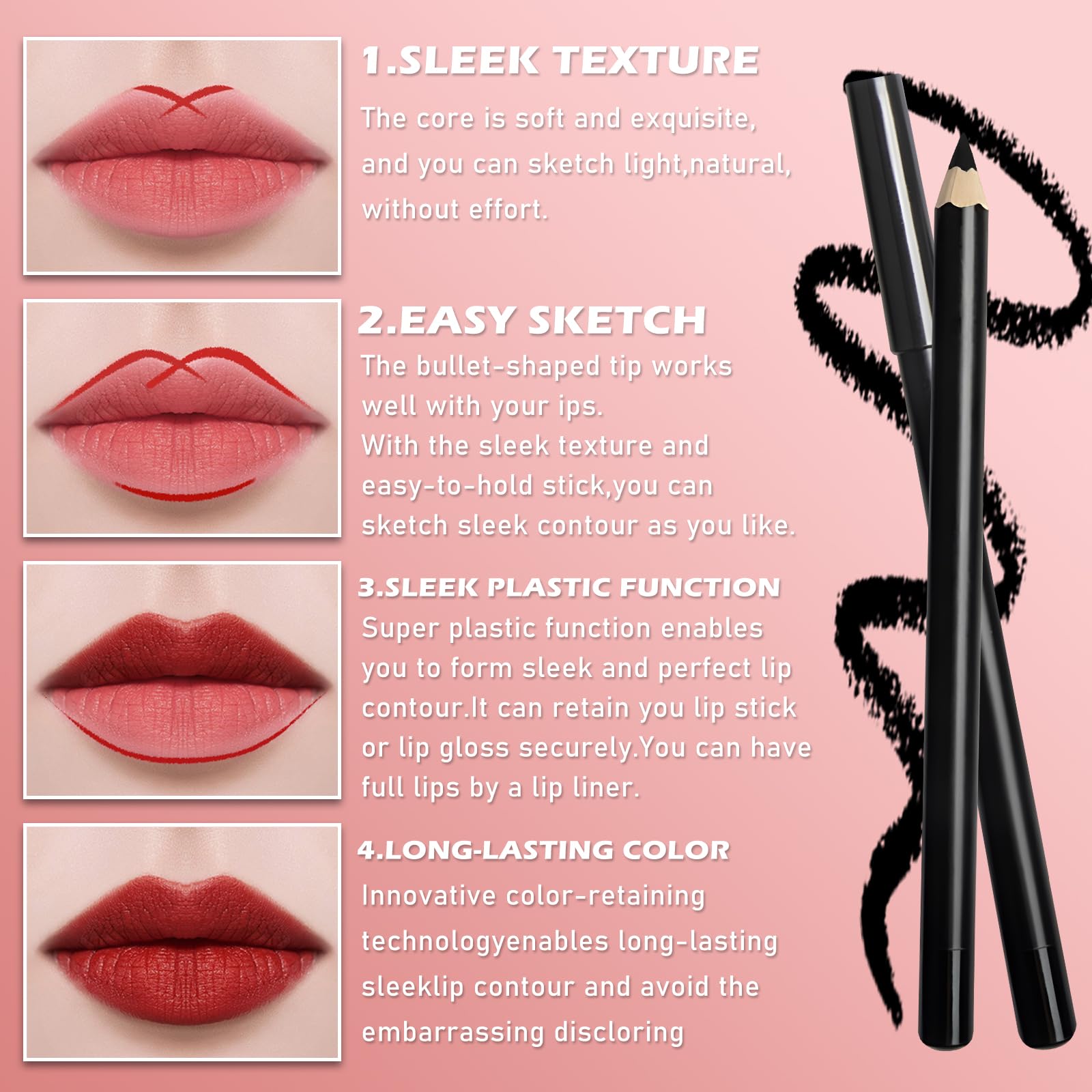 EternalClassic Black Lip Liner, Long Lasting Lip Liner Pencil, Rich Lip Makeup Colors Highly Pigmented Lip Liners, Smooth Application Lipliner Lip Pencil