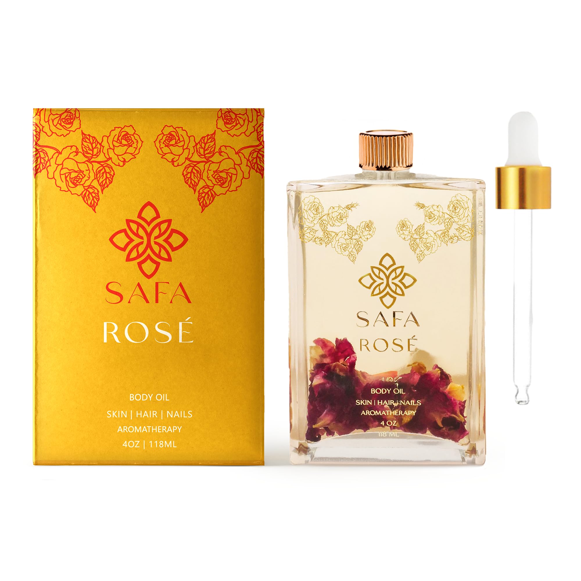 SAFA Rosé Oil - Organic Oil for Face, Body, Hair, Nails & Aromatherapy | Bulgarian Rose Essential Oil for Diffuser | After Shower Body Oil | Skin Moisturizer - 4 Fl Oz (1)