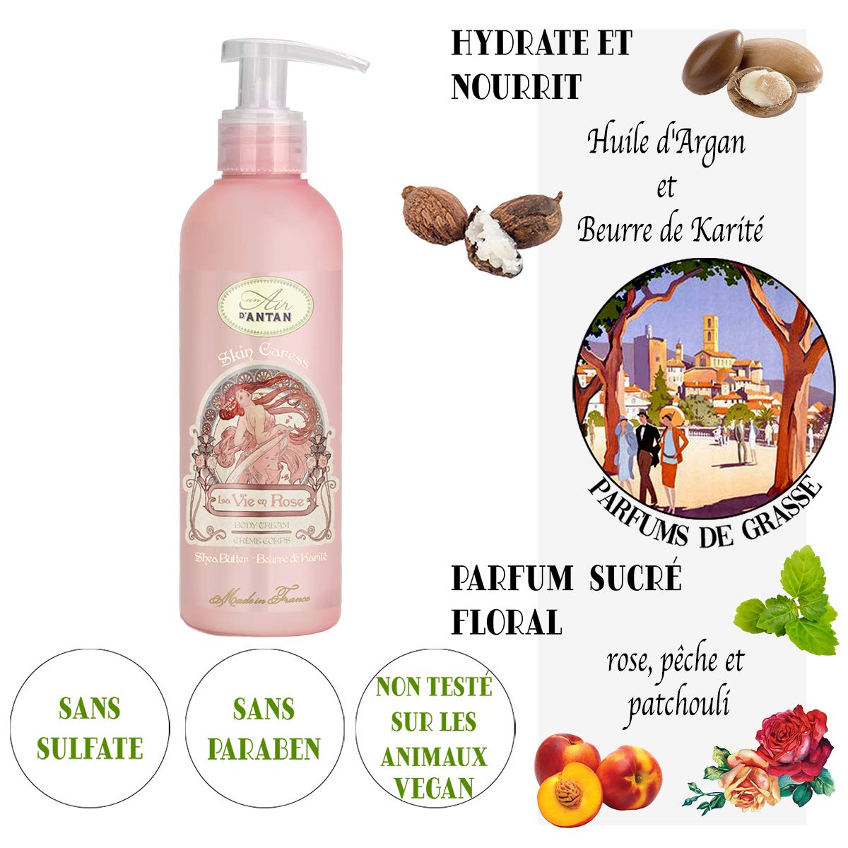 French Body Lotion Rose with Shea Butter, Rose, Peach, and Patchouli 200 ml