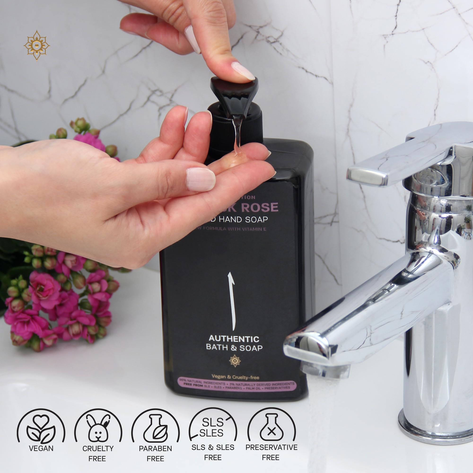 AUTHENTIC BATH & SOAP Natural - Damask Rose Oil Liquid Hand Soap - Hydrating Handsoap for All Skin Types, Hand Wash with Vitamin E, Cruelty-Free, Vegan, no Sulfate, Palm Oil Free 16.9 Fl Oz