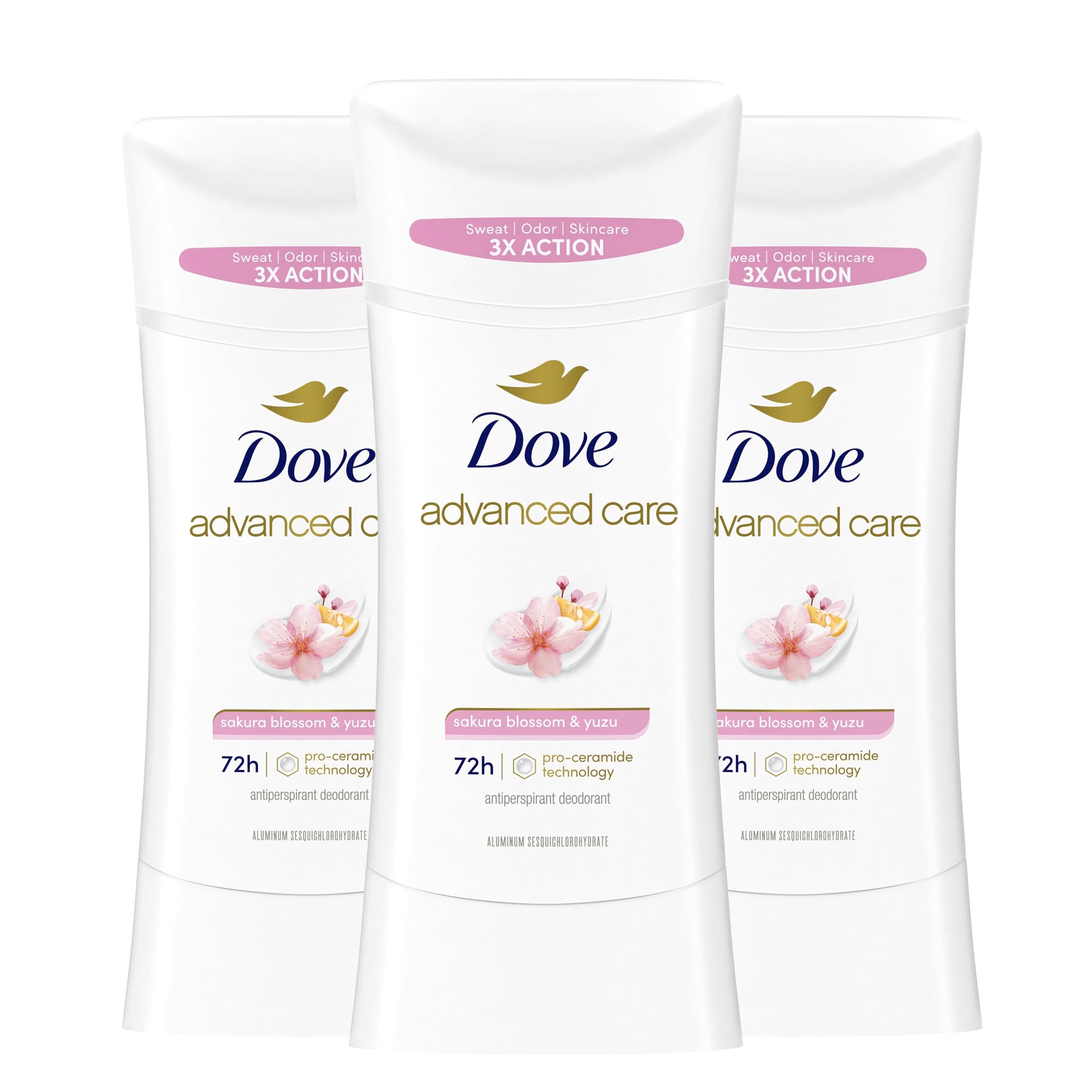 Dove Advanced Care Antiperspirant Deodorant for Women Sakura Blossom & Yuzu 3 pack 72 hour sweat and odor protection 2.6 oz