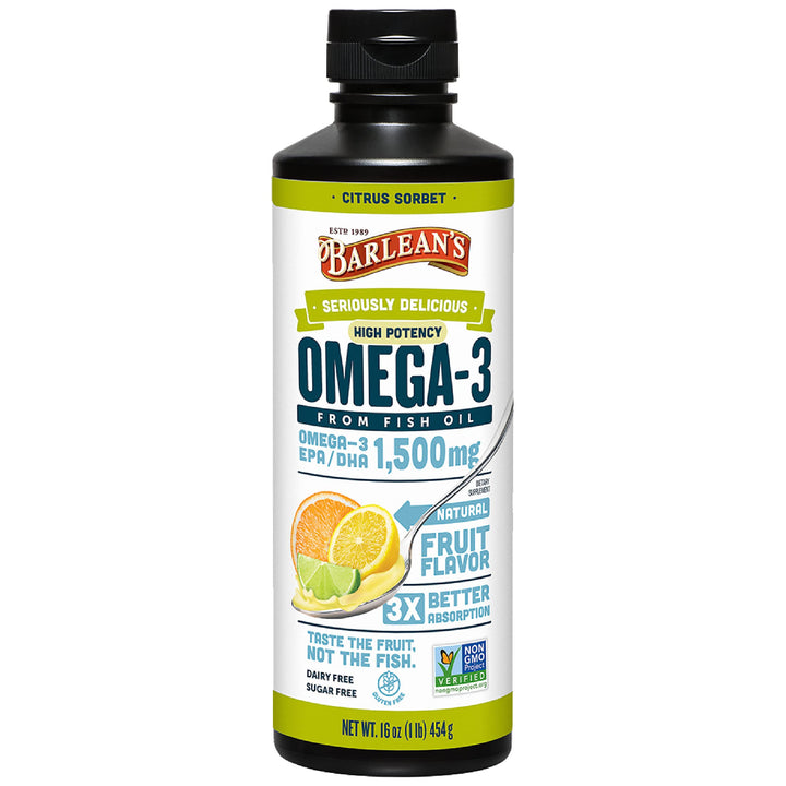 Barlean's Citrus Sorbet High Potency Omega 3 Fish Oil Liquid Supplement, 1500mg of EPA & DHA Fatty Acid, Smoothie Flavored & Burpless for Brain, Joint, & Heart Health, 16 oz