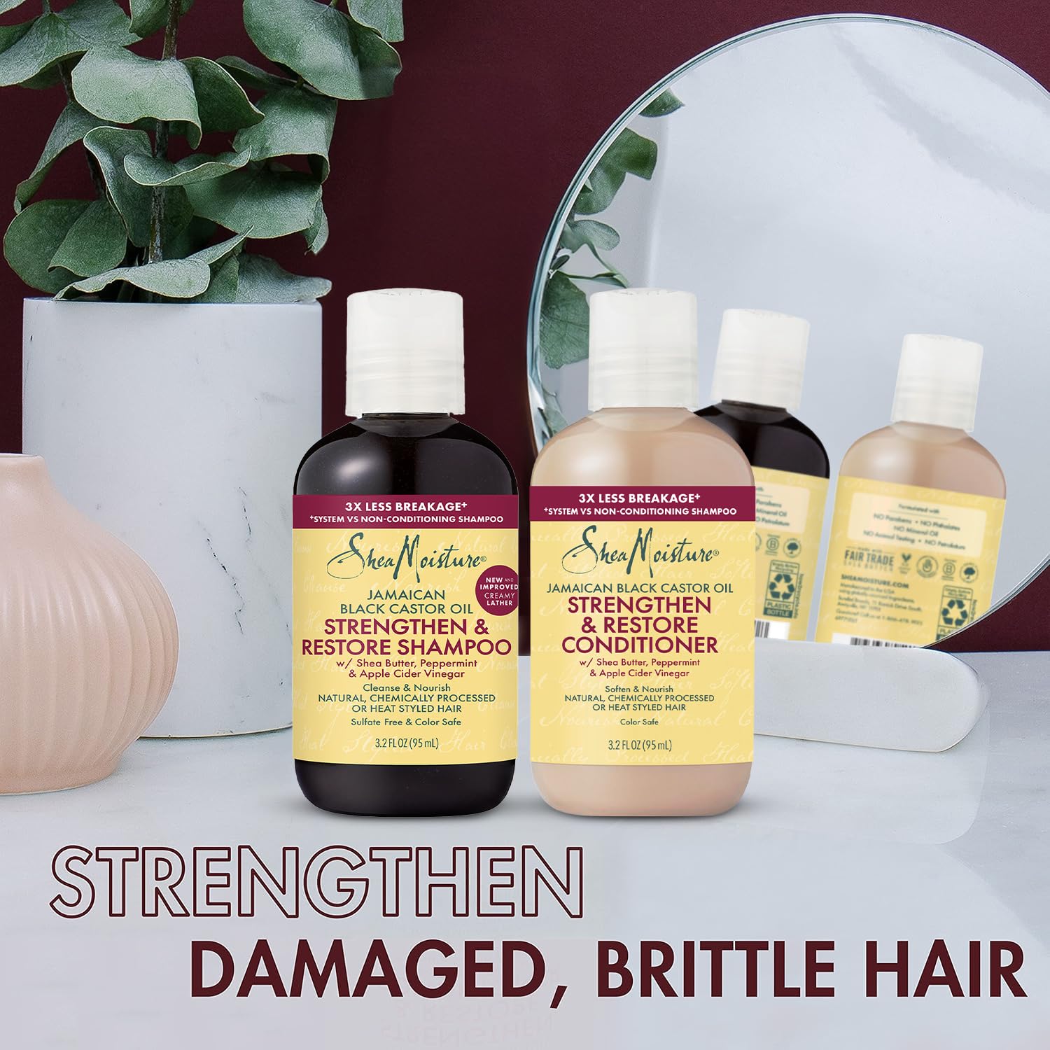 SheaMoisture Strengthen & Restore Shampoo & Conditioner, Travel-Size –Jamaican Black Castor Oil for Hair Repair & Frizz Control, 3.2 Oz Ea (2 Piece Set)
