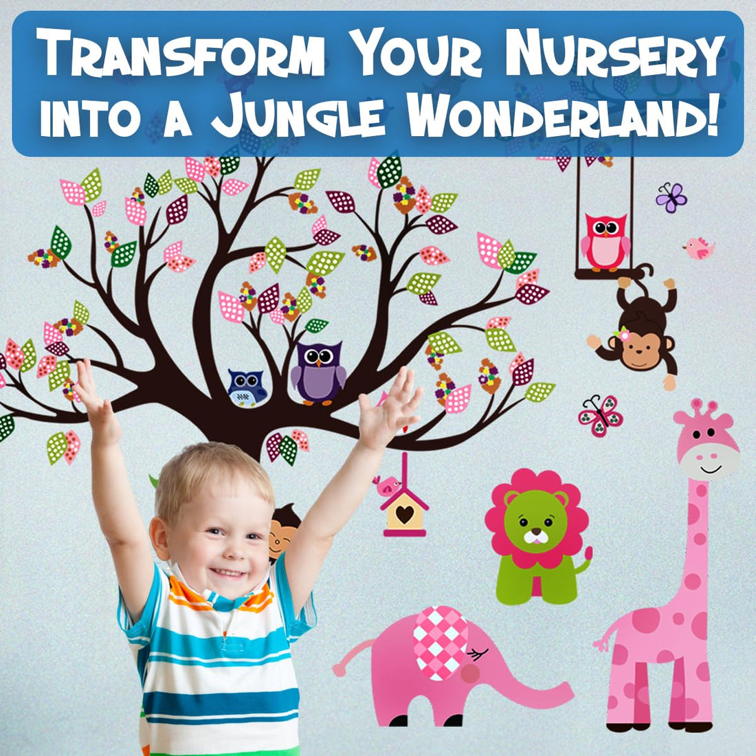 DEKOSH Pink Jungle Baby Nursery Wall Decal Peel & Stick Colorful Owl Giraffe Lion Animal Wall Stickers for Kids Room