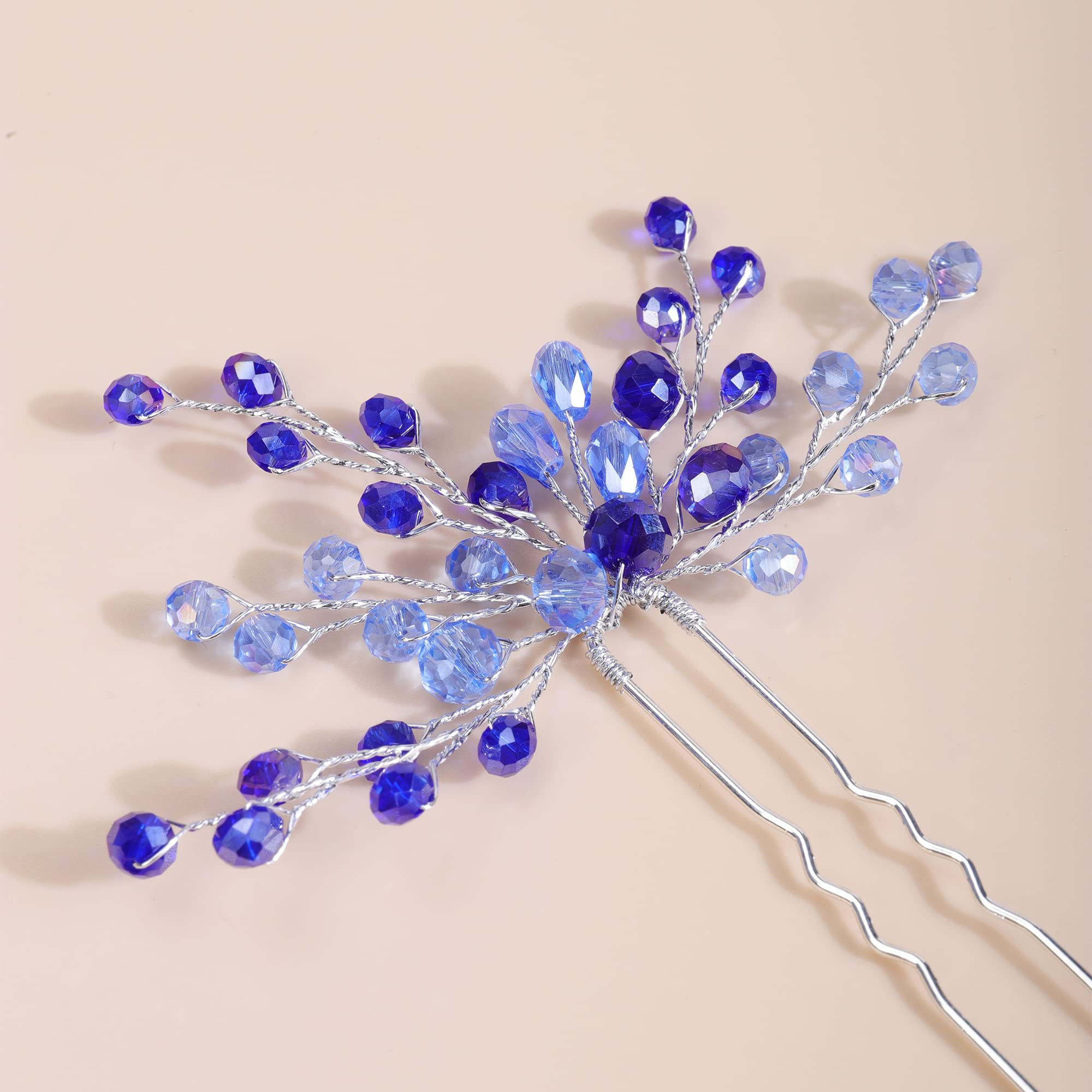 Kercisbeauty 2PCS Boho Blue Crystal Hair Pins for Women and Girls Wedding Bridal Silver Hair Piece Set (Blue)